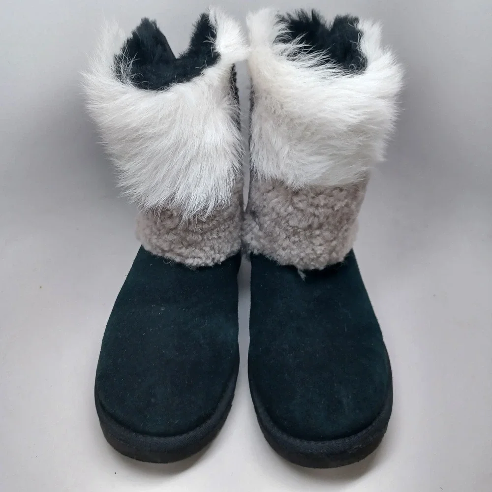 UGG Australia Women Black Suede Mixed Faux Fur Lace Up Back Boots US 8